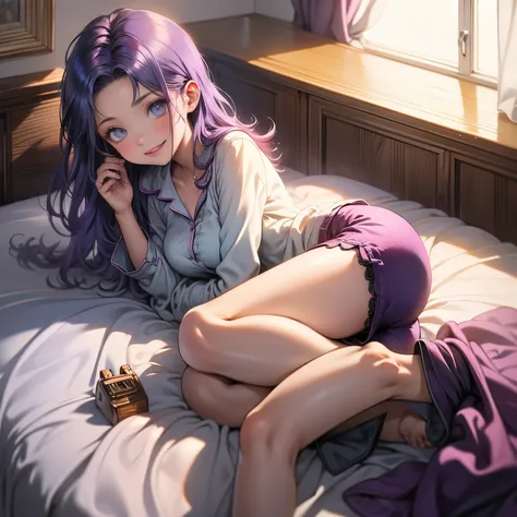 (masterpiece), best quality, 1girl, expressive eyes, perfect face, (purple hair), perfect anatomy, full body, 4k, HDR, full HD, alone, she has a mischievous face, her cheeks are rosy, she is lying on her side bed, she wears white lace pajamas, the pajamas ...