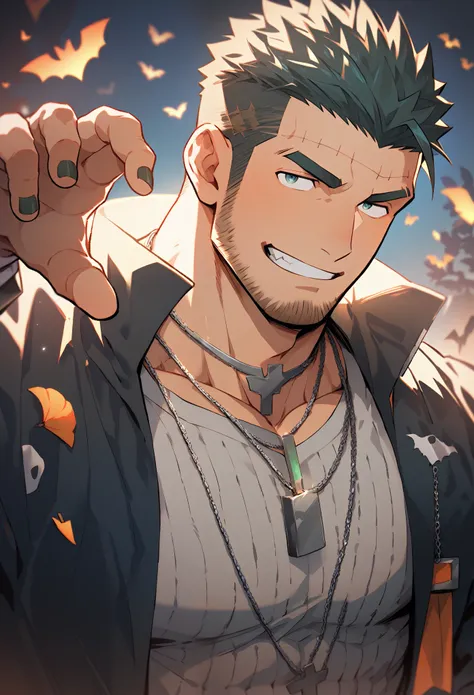 Anime character: Priapus, muscular 30-something man, masculinity, male focus, Halloween, Frankenstein cosplay, full and firm chest muscles, muscular male, muscular build, shaved head, thick eyebrows, stubble, thick nails growing out of his head