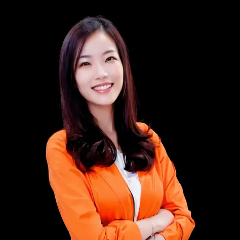 smiling woman in orange jacket with arms crossed, Asian Woman, HD, Ultra HD, 4k, 