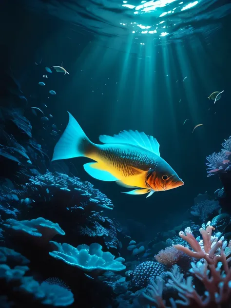 a close up of a fish in a coral reef with neon lights, harmony of neon glowing coral, colorful fish, beautiful deep colors, exotic fish, deep lush vivid colors, deep vibrant colors, colorful coral, high detailed), coral reef, fish are glowing in the ocean,...