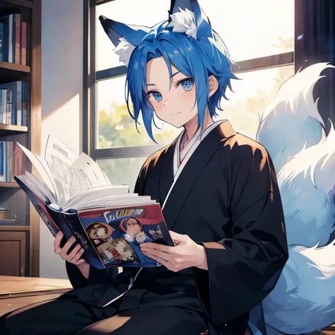 An anime-style illustration of ‘Fuakichi’ excitedly reading Shonen Jump. Fuakichi has short, vibrant blue hair that is slicked back, leaving his forehead fully exposed, along with fox-like ears on top of his head and a fluffy fox tail. He is depicted sitti...