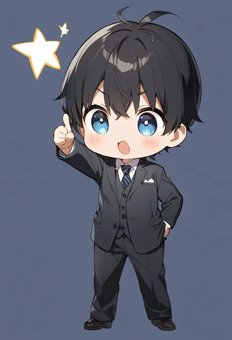 One man、、Kindergarteners、child、Black Hair、Wearing a suit、Illustration、whole body、No background、Facing forward、Pointing index finger、