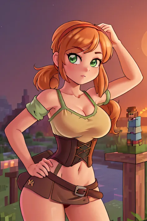 close up 1girl in, photo of Alex, Alex Minecraft, Anime style, Solo, (messy Golden copper blonde hair, short ponytail over left shoulder, thick Ginger hair, (green eyes: 1.2), (perfect clear skin, pale skin, detailed skin, large breasts, round breasts, per...