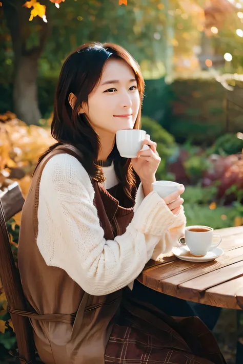 Woman drinking coffee in an autumn garden