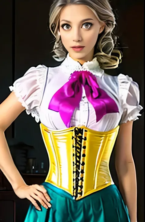 Girls, gray-haired, short-haired, yellow-eyed, small breasts, cat hair ornament, sidelocks, gray-haired, shiny hair, uniform, (golden eyes: 1.2), (two long triangular extensions on the skirt, vest corset on the stomach), white buttons of the vest corset, (...