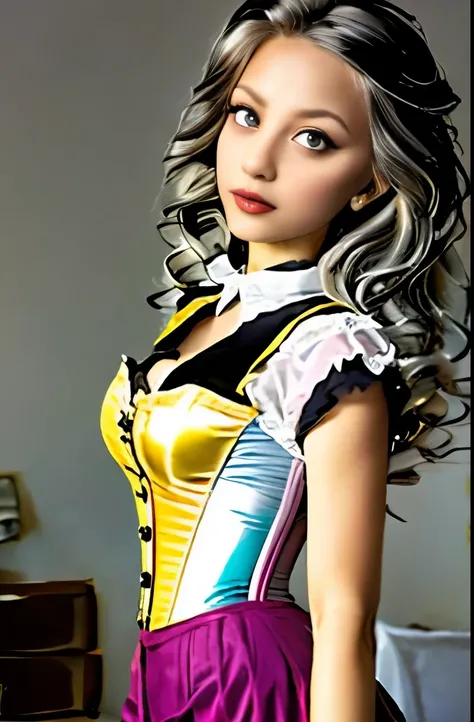 Girls, gray-haired, short-haired, yellow-eyed, small breasts, cat hair ornament, sidelocks, gray-haired, shiny hair, uniform, (golden eyes: 1.2), (two long triangular extensions on the skirt, vest corset on the stomach), white buttons of the vest corset, (...