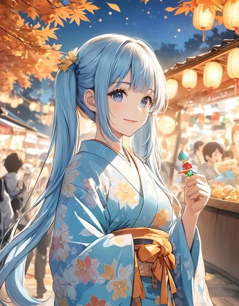 Anime chibi character holding a candy in his hand、 Light Blue Long Hair、Twin tails、Yellow floral kimono、smile、night、The autumn leaves are lit up、There are lots of little characters looking at the food stalls.、A lively autumn festival with rows of food stal...