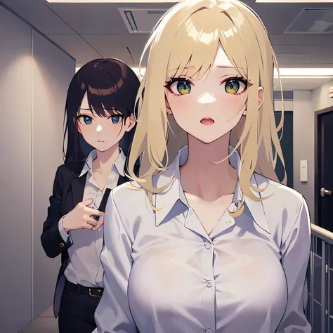 side angle,Upper Body, 
(pale skin: 1.2),  shiny skin, shiny hair、
(A 2 woman with medium-length hair and bangs) and (wavy hair) and (Blonde Hair) and (green eyes) , 
(white collared shirt) 
expressionless,open mouth,The background is an office corridor.、(...