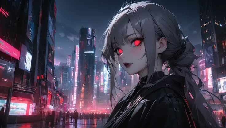 Modern city, night city, tense lens, photo subject is big city background, bright and fresh photo, teen character in beautiful abstract big city. Gray hair, red glowing eyes, long hair, mole under left eye, high resolution, ultra detailed, (best quality, 4...