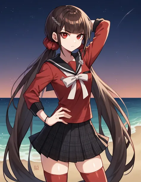 harukawa maki, long hair, bangs, brown hair, black hair, hair ornament, red eyes, twintails, very long hair, hairclip, blunt bangs, mole under eye, low twintails, scrunchie, hair scrunchie, red scrunchie, skirt, shirt, thighhighs, long sleeves, bow, school...