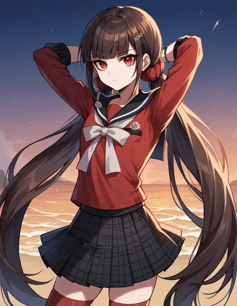 harukawa maki, long hair, bangs, brown hair, black hair, hair ornament, red eyes, twintails, very long hair, hairclip, blunt bangs, mole under eye, low twintails, scrunchie, hair scrunchie, red scrunchie, skirt, shirt, thighhighs, long sleeves, bow, school...