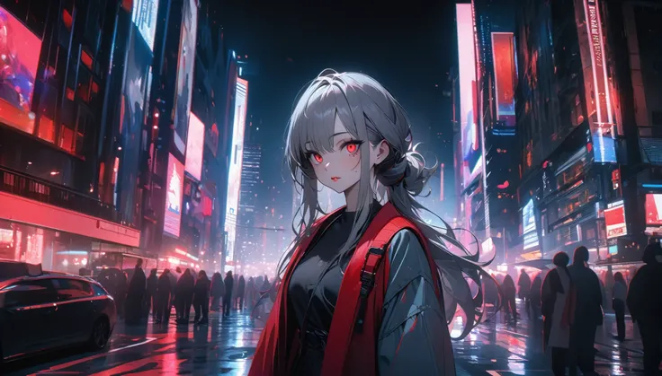 Modern city, night city, tense lens, photo subject is big city background, bright and fresh photo, teen character in beautiful abstract big city. Gray hair, red glowing eyes, long hair, mole under left eye, high resolution, super detailed, (best quality, 4...