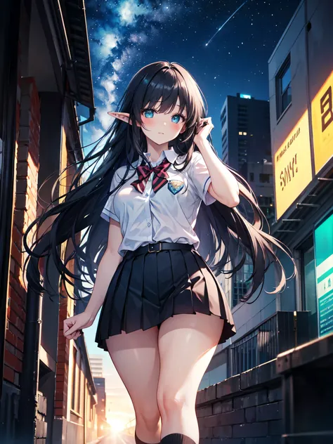 realistic image, detailed image, coherent image, 1 little elf, , turquoise eyes, very long hair, black hair, combed with bangs to the right, blushing, shy, She has a curvy body, small breasts and thick thighs, highschool uniform, pleated miniskirt with che...