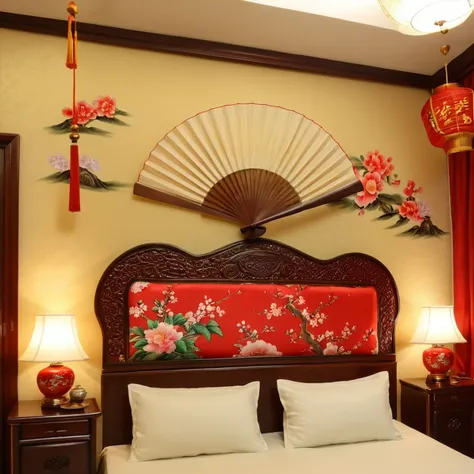 (Chinese interior, , realistic documentary photography, showing history,)bedroom, front of perspective, fan detail, jun porcelain hand fan, parquet floor, calm elegance, auspicious cloud mural,