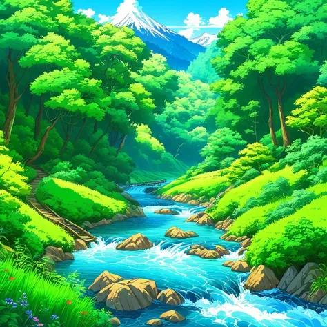 painting of a stream running through a lush green forest filled with trees, detailed painting 4 k, mountains river trees, anime ...