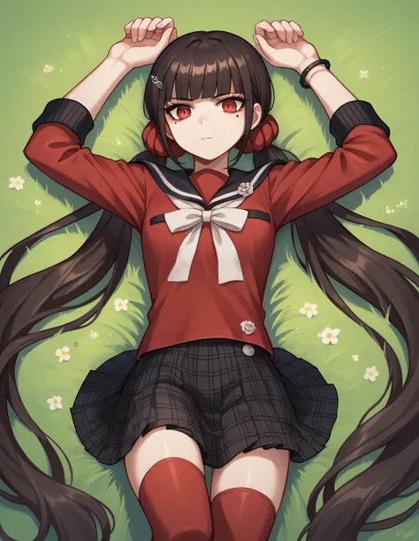 harukawa maki, long hair, bangs, brown hair, black hair, hair ornament, red eyes, twintails, very long hair, hairclip, blunt bangs, mole under eye, low twintails, scrunchie, hair scrunchie, red scrunchie, skirt, shirt, thighhighs, long sleeves, bow, school...