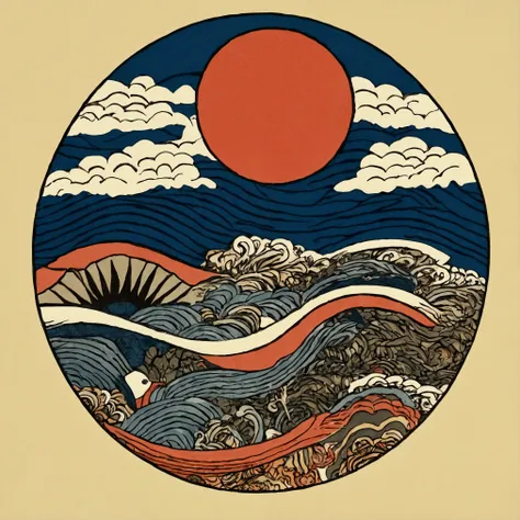 A logo design inspired by the fusion of ukiyo-e woodblock print and Madhubani art. The logo features intricate line work, vibrant colors, and natural elements like flowing waves and geometric patterns. The central image incorporates traditional Japanese uk...