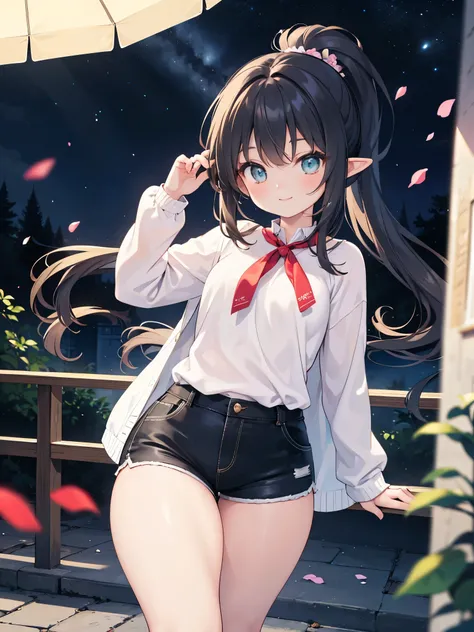 Realistic image, detailed image, coherent image, 1 little elf, turquoise eyes, black hair, very long hair, combed into a ponytail, smiling shyly, She has a curvy body, small breasts and thick thighs, She is wearing a long-sleeved shirt, tight mini shorts, ...