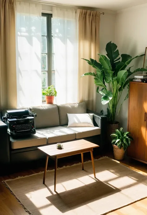 living room, couch, window, curtains, dappled sunlight, potted plant, table, cabinet,bookshelf, paper, desk lamp, typewriter, girl sitting on sofa