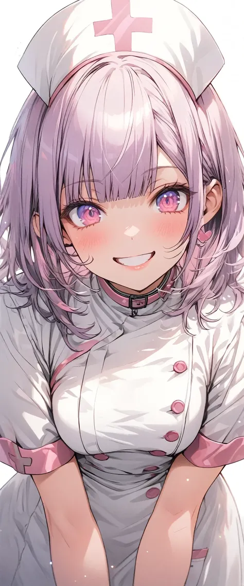 ((from front, look at viewer)),
((White Nurse’s Uniform, nurse hat)), BREAK,
best quality extremely detailed,
happy smile,
girl, 1girl, kawaii,
blunt bangs, purple hair, medium hair, BREAK,
light pink eyes,  BREAK, Long eyelashes, BREAK,
((Simple white bac...