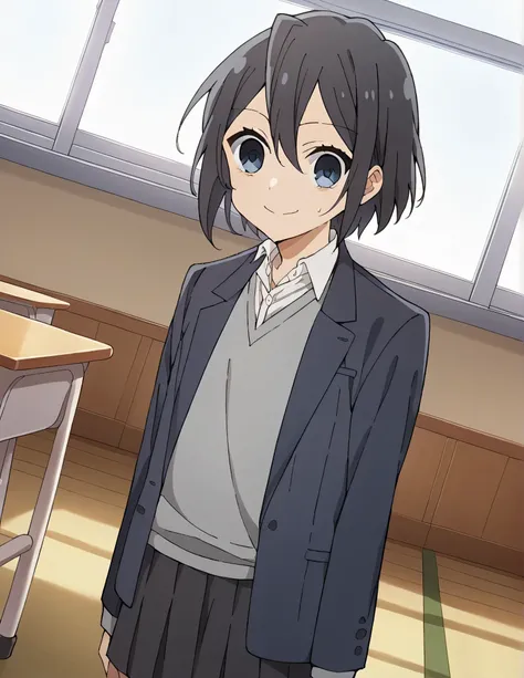 Score_9, Score_8_up, Score_7_up, sauce_anime,
honokasawada,  Honoka Sawada, Short Hair, blue eyes, Black Hair, Hair between the eyes,
shirt, Uniform, jacket, collared shirt, blazer, sweater, grey sweater, white shirt, black blazer, skirt, black skirt,
indo...