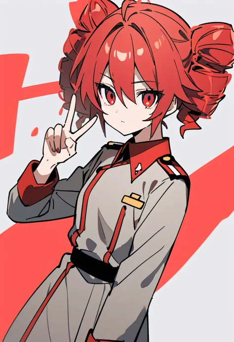 no background,One Girl、Red Hair、Red eyes、Rui Tet、Expressionless、piece、v sign、Red and grey military uniform