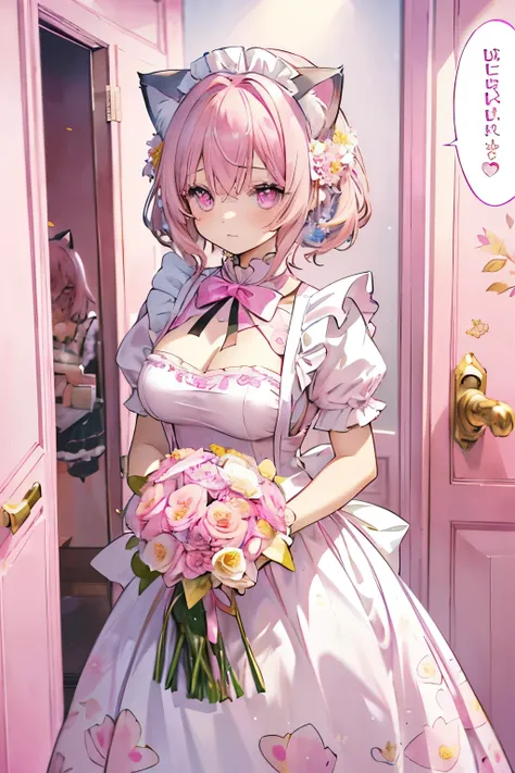 Masterpiece, 16K, Wallpaper, 
(Pink hair:1.3), (Pink eyes:1.3),
(Cat ears:1.3),
Medium breast, (Pink maid costume:1.3),
(Pink background:1.3)
(Standing by door:1.3), (Holding Flower bouquet:1.4), (text print in "Congratulations":1.4)
