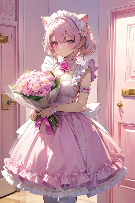 Masterpiece, 16K, Wallpaper, 
(Pink hair:1.3), (Pink eyes:1.3),
(Cat ears:1.3),
Medium breast, (Pink maid costume:1.3),
(Pink background:1.3)
(Standing by door:1.3), (Holding Flower bouquet:1.4), (text "Congratulations":1.4)
