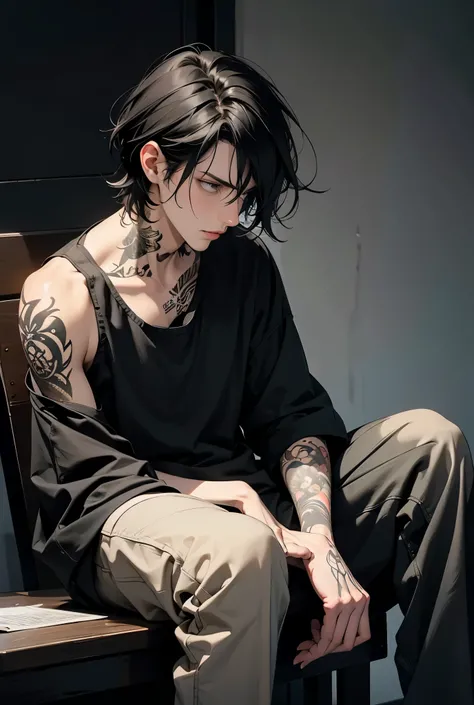 Tall guy, short black shaggy hair with middle part, disgruntled sitting alone  in the dark with tattoos