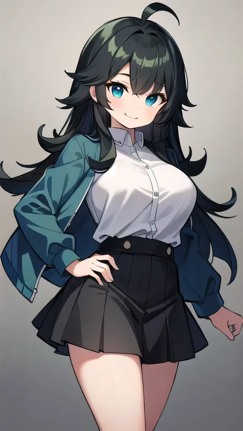 Junior high school student who looks like an elementary school student, , very short, 140 cm tall, black hair with a slight green tinge, short ahoge, beautiful long hair but with a little hair sticking out, beautiful round eyes, blue eyes, smile, boyish, l...