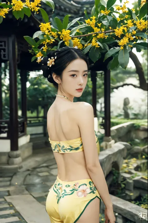 (((best quality))),(((ultra detailed))),(((masterpiece))),illustration,((1 beautiful girl,Qing Dynasty princess,solo)),((fresh elegant appearance, painted eyebrows, faint melancholy eyes)),((slim,thin)),((bare back,towering hips,butt crack)),((light yellow...