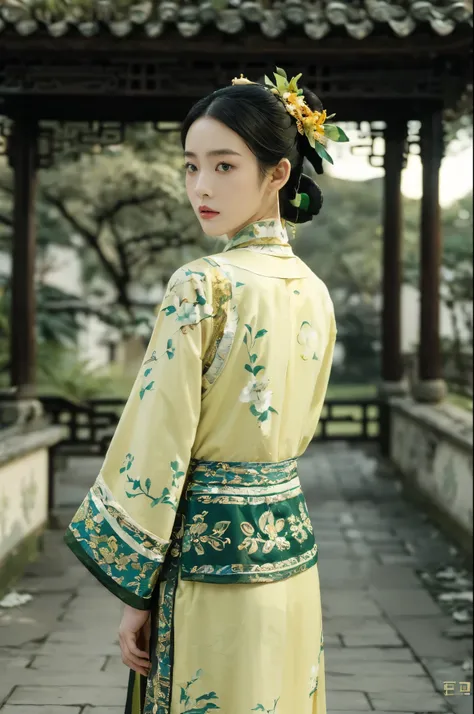 (((best quality))),(((ultra detailed))),(((masterpiece))),illustration,((1 beautiful girl,Qing Dynasty princess,solo)),((fresh elegant appearance, painted eyebrows, faint melancholy eyes)),((slim,thin)),((light yellow costume,exquisite osmanthus patterns, ...