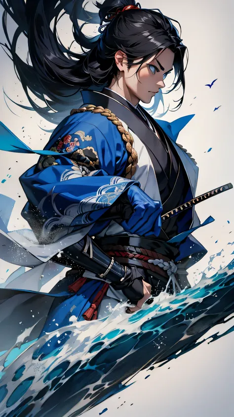 最high quality、Best image quality、masterpiece、male((samurai、Black Hair、thin、Show the whole body、Blue Eyes、Muscular,Japan刀を持つ、Fighting Pose)）high quality、Beautiful art、background((Japan)),Tabletop、Exquisite design、Visual Arts、Written boundary depth、Best ligh...