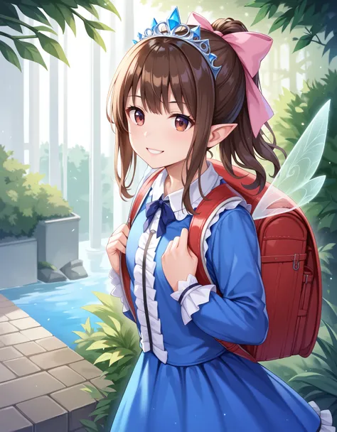 Masterpiece, hd, realistic, 1girl, 16 y.o, high school girl, brown hair, ponytail, hair ribbon, beautiful girl, smiling, regal, (fairy dress),Lolita dress, vibrant, vivid, (bows), brown hair, ponytail, wearing Tiara, costumes, wearing school backpack, red ...