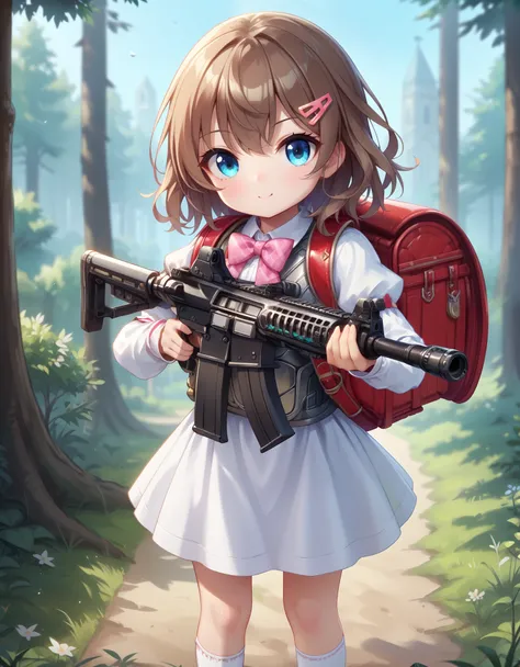 Masterpiece, hd, 1girl, cute girl, 10 y.o girl, ,130 cm body height, best quality, brown hair, medium hair, wearing white dress, cute dress, puffy sleeves,bowtie, wearing military helmet, bulletproof helmet, wearing military vest, bulletproof vest, holding...