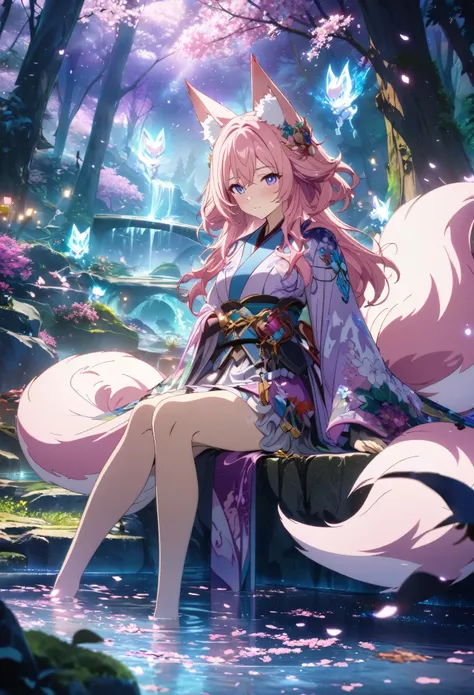 1girl, anthropomorphic fox ears, flowing pink hair, floral-themed outfit, kitsune, blue glowing tails, fantasy scenery, cherry b...