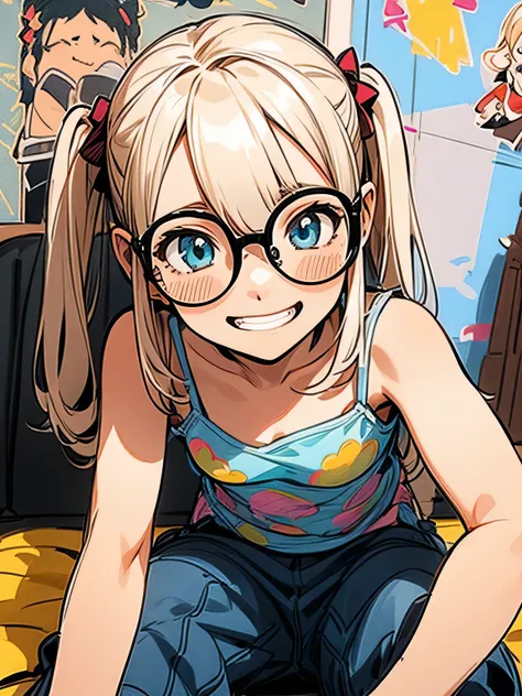 ((sitting)),upperbody,close up cute face,black twintail,grin,gorgeous pose、glasses、one scene,(woman),camisole、mini pants、casual ...