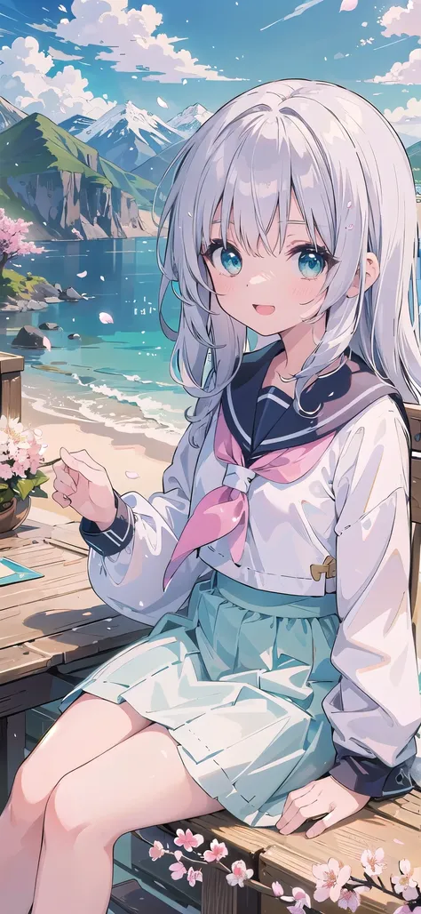 (masterpiece), 
scenery, 
mountainous horizon, 
cherry blossoms, 
petals, 
light particles, 
upper body, 
1girl, 
sailor, 
wavy hair, 
floating hair, 
smile, 
sitting, 
open mouth, 
light particles, 
silver hair, 
aqua eyes, 
looking at viewer, 
face focus...