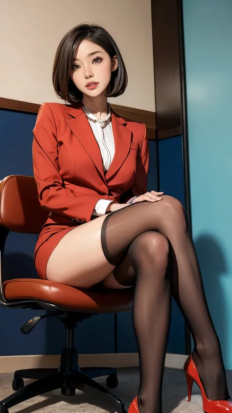 office, Beautiful Japanese woman sitting on a chair, Short hair, Beautiful legs, High heel, Brown pantyhose, Mini skirt suit