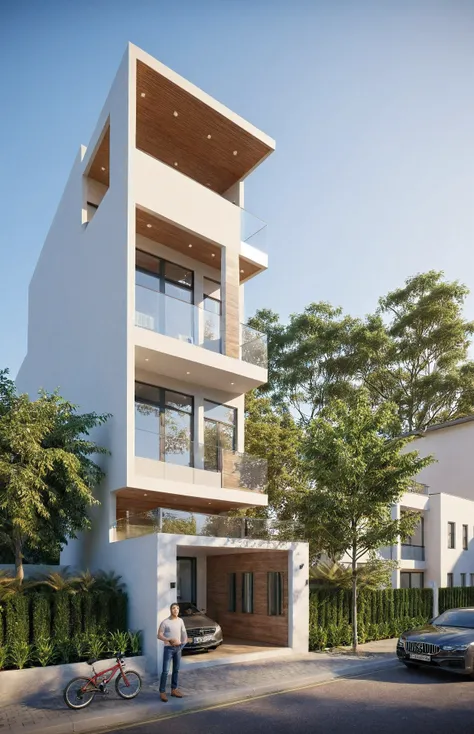 townhouse, Led light, spotlight out door, (modern style:1.2), (Open roof to see the sky), exterior design, perspective view, (open roof), Pavement, alphalt streets road, (next door neighbors house), (dawn light sky background), Low trees around the house, ...