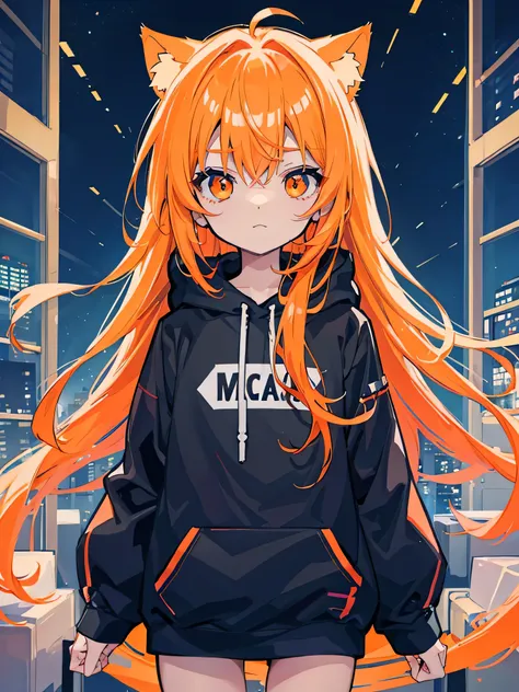 t outside, light shines, 	kawaii, anime, Cute, hyper quality, highly detailed, 8k, Clarity, Draw facial expressions in detail, orange eyes, orange hair, stay at home, highlight on eyes, convey the whole, long hair, wear cat ear hoodie, put on a hood, infec...