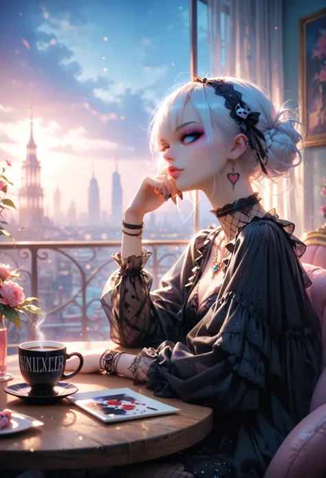 Gothic Girl, with white hair dyed, Black Mesh, Sits at the Table and Watches the Transport in the City Bustle, There are various goodies on the table, There is a large coffee cup nearby., Beautiful Colors, bright colors, Very Beautiful Painting, Game of Sh...