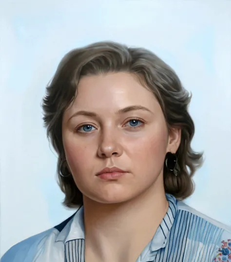 painting of a woman with a blue shirt and a tie, realistic studio portrait, color portrait, realistic portrait photo, portrait photoreal, photo realistic portrait, photorealistic portrait, detailed color portrait, portrait in the style of craola, color stu...