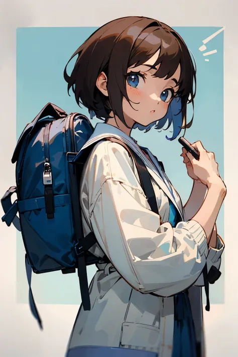 An aesthetic brunette anime girl, short hair, putting an item inside an open backpack