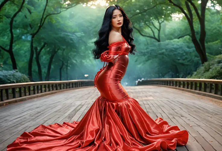 A woman shrouded in a 10-meter-long, plush red satin shimmer cloth, transparent poof sleeeves,tightly bound and grandly draping along the form of her body, flowing off into a pooled floor-length train, styled in a mermaid-inspired outfit, poof style in bot...