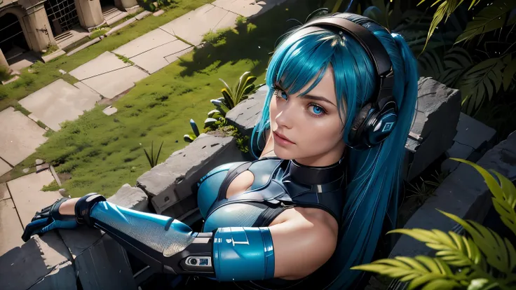 Frontal shot of the bust in a high angle from above descending, Sitting on remains of a ruined building, with vegetation, Perfect image, 8k, of a woman with very long and straight blue hair, with bangs, very detailed blue eyes, thick and moist lips, relaxe...