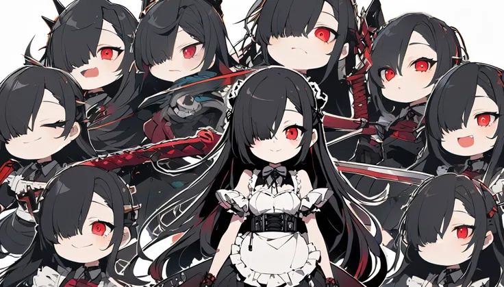 1 person、alone、Adult women、Rin々Shii、hair over one eye、Semi-long hair、Black Hair、Perfect body、2、"1 person""alone" Maid、Black Hairの女性キャラクター1 person,Holding a Japanese sword、キャラクターはゴシックパンクとアニメのMaidにインスパイアされたデザインにする, Mix of gothic and punk elements. Illustrati...