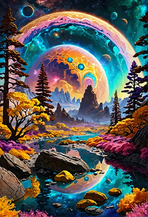 Here’s a new image prompt for a different colorful planet:

"A fantastical alien planet with swirling orange and pink nebula clouds filling the sky. The ground is covered with glowing turquoise rocks and crystalline formations in yellow and purple. Rivers ...