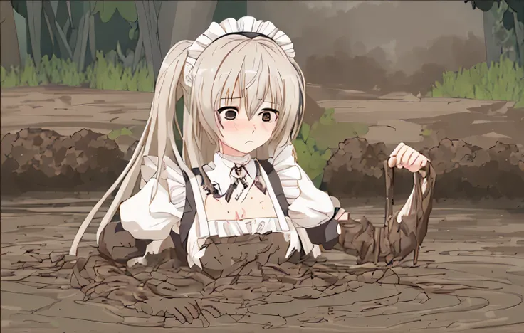 best quality,ultra-detailed illustration anime style,1girl,maid outfit,sinking in brown mud,her body sank to her breasts white l...