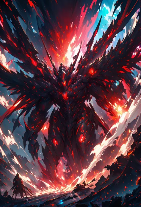 Creation of the Fallen Archangel,Detail of Angel of Victory, Bloodthirst, Red glowing eyes, weird, crawl, Nightmare, Very bright colors, Light Particles, Wallpaper Art, Cosmic Energy,Highly detailed